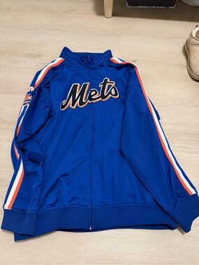 Stitches Blue Mets Script Track Jacket with Orange & White Stripes